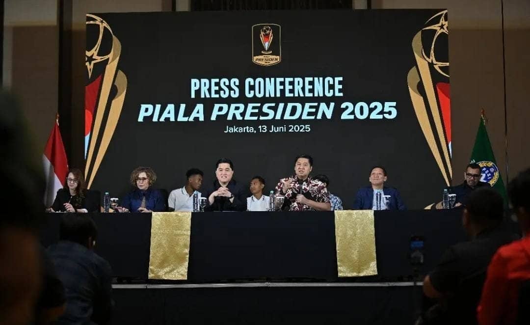 Konferensi pers membahas piala presiden 2025 yang digelar di Menara Danareksa, Jakarta Pusat, Jumat (13/6).